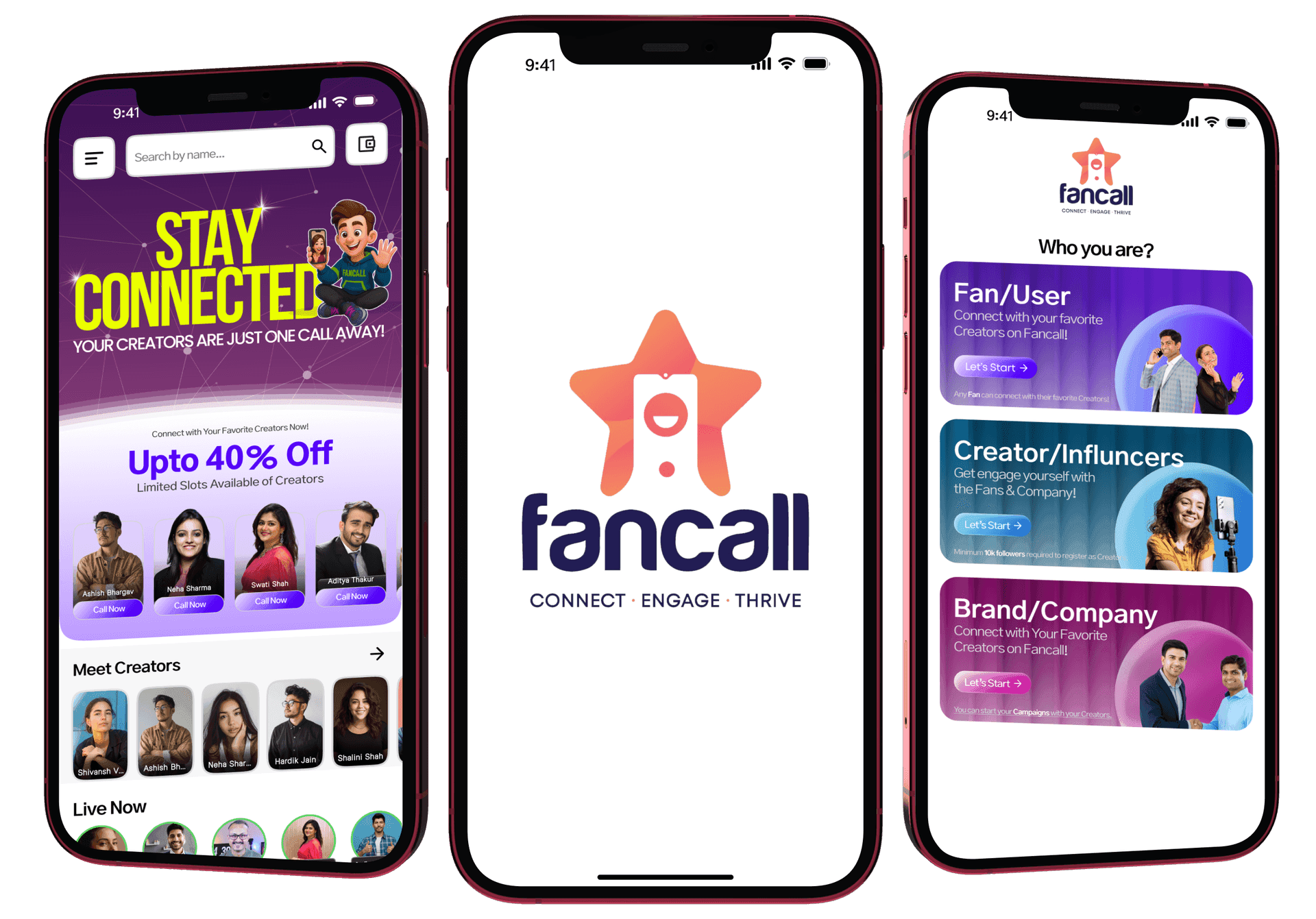 Fancall app screens showing creator discovery, splash screen, and user selection
