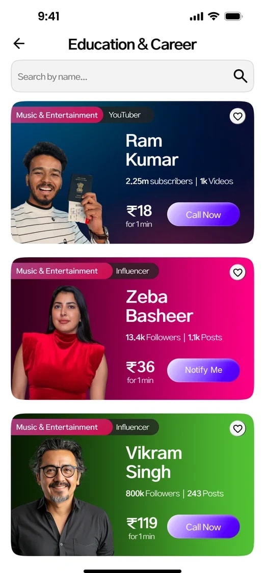 Fancall app: browsing creators in a category