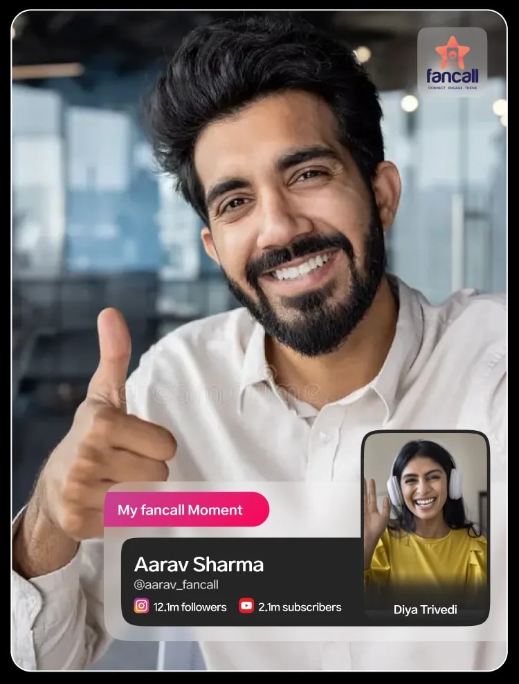 A Fan Moment card from the Fancall app: a fan's photo with the creator they called, their names, handle and follower counts