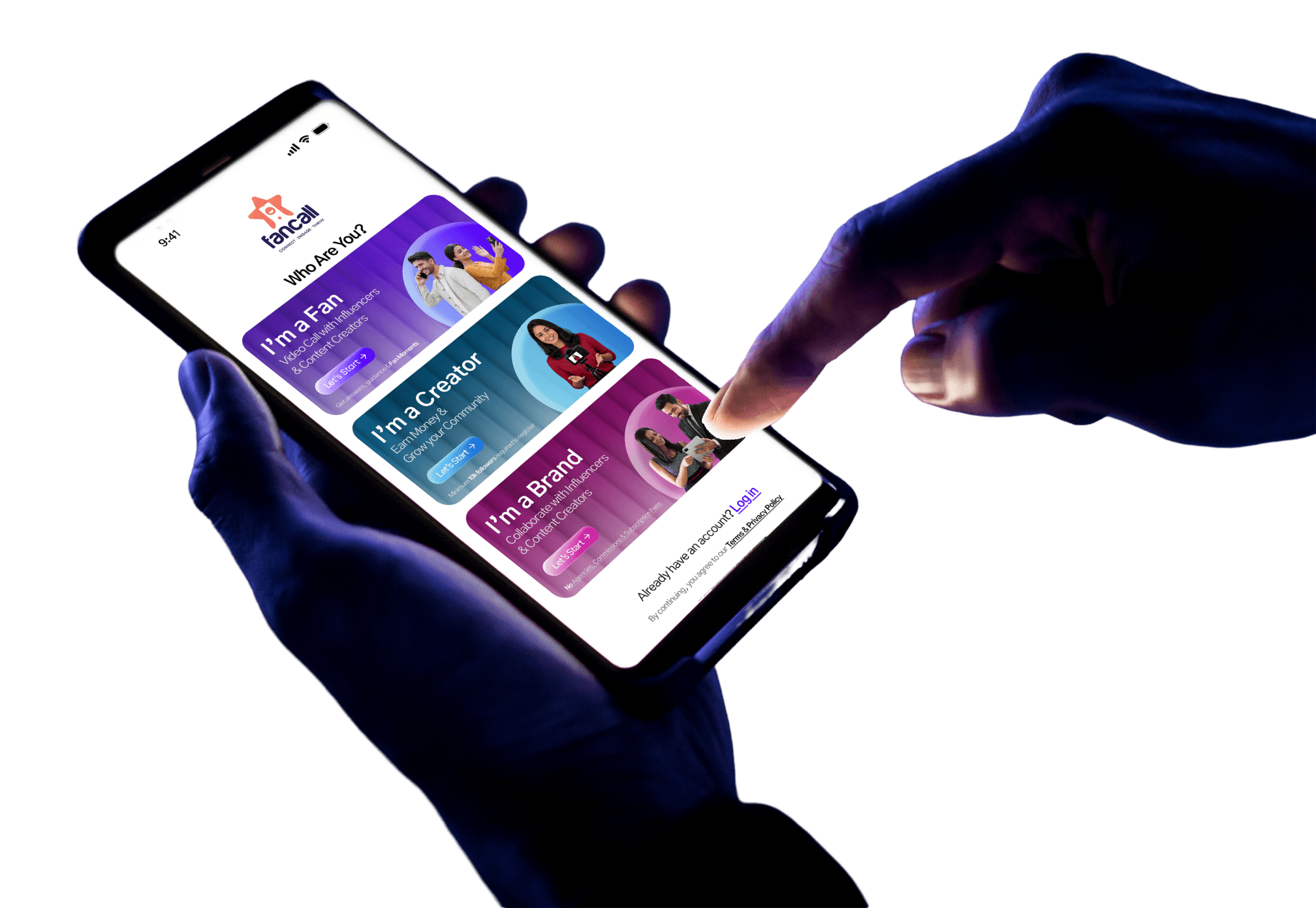 Hands holding phone showing Fancall app